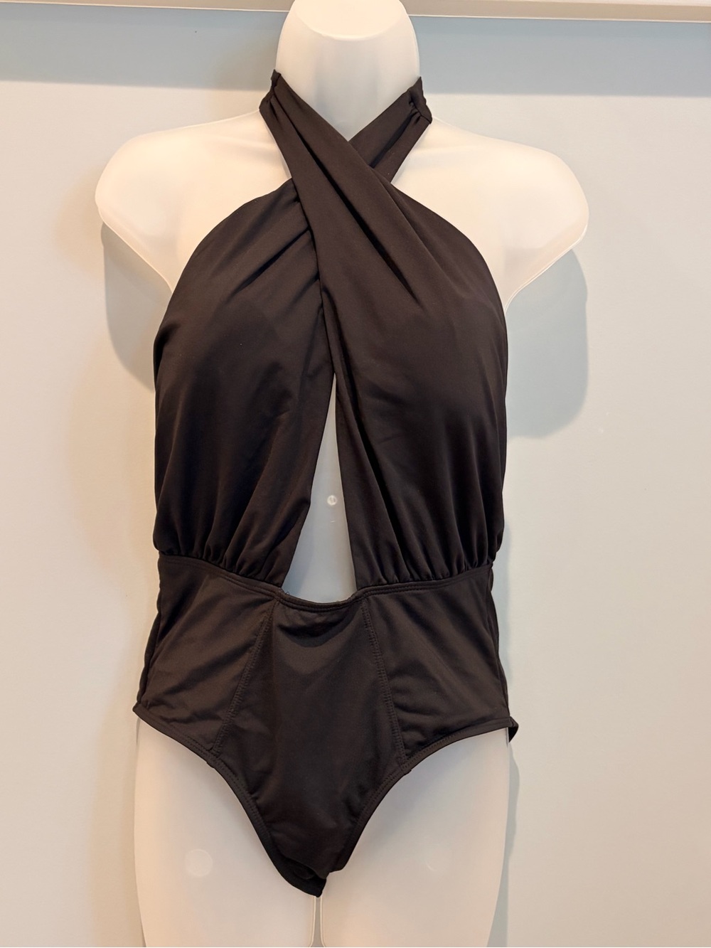 NWOT Black Halter-Crossover One-Piece Swimsuit